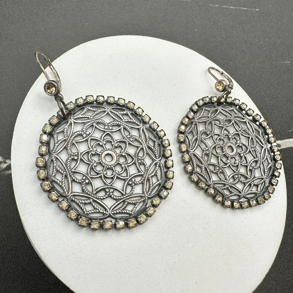 VTG‎ Oxidized Dangle Earrings Brown Rhinestone Filigree Flower Circle Statement
